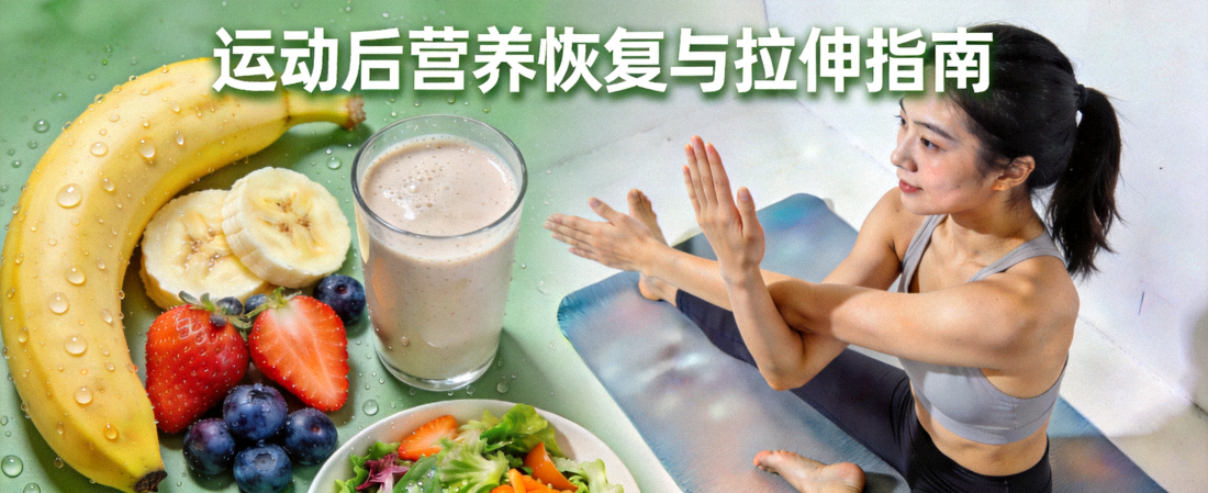 运动后营养恢复与拉伸 - 新鲜健康的食物与瑜伽垫上的拉伸动作
